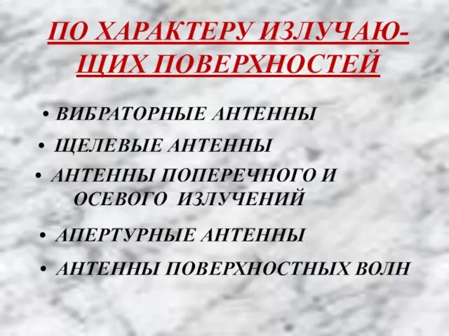 ПО ХАРАКТЕРУ ИЗЛУЧАЮ-ЩИХ ПОВЕРХНОСТЕЙ ВИБРАТОРНЫЕ АНТЕННЫ АНТЕННЫ ПОВЕРХНОСТНЫХ ВОЛН ЩЕЛЕВЫЕ АНТЕННЫ