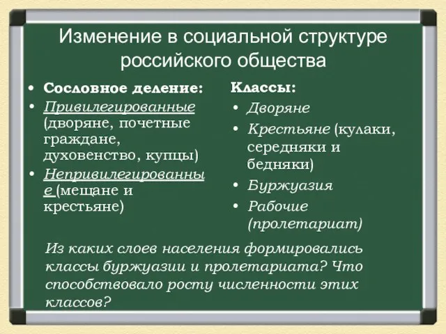 Изменение в социальной структуре российского общества Сословное деление: Привилегированные (дворяне, почетные