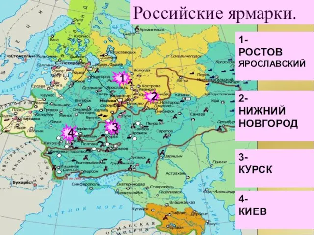 2 4 3 1 1- РОСТОВ ЯРОСЛАВСКИЙ 2- НИЖНИЙ НОВГОРОД 3- КУРСК 4- КИЕВ Российские ярмарки.