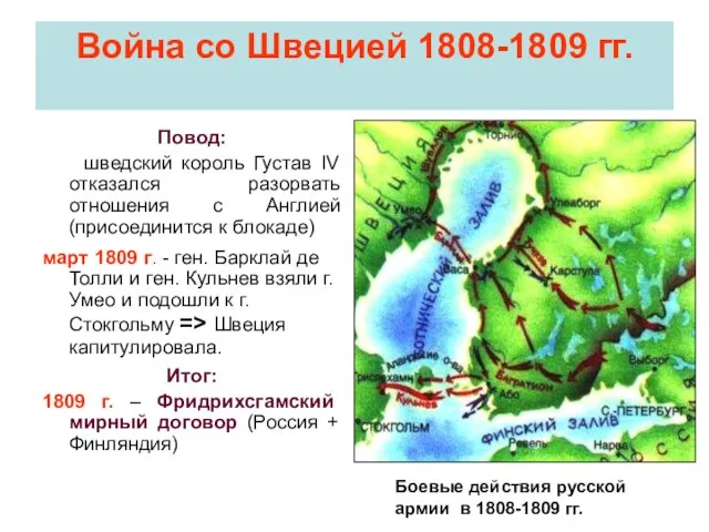 Война со Швецией 1808-1809 гг. Повод: шведский король Густав IV отказался