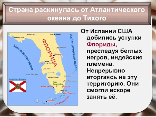 От Испании США добились уступки Флориды, преследуя беглых негров, индейские племена.