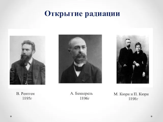 Открытие радиации В. Рентген 1895г А. Беккерель 1896г М. Кюри и П. Кюри 1898г