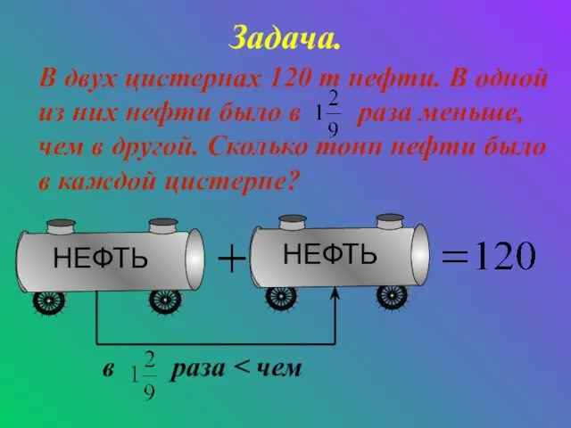 Задача. В двух цистернах 120 т нефти. В одной из них