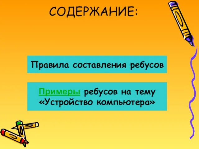 Правила составления ребусов СОДЕРЖАНИЕ: Примеры ребусов на тему «Устройство компьютера»