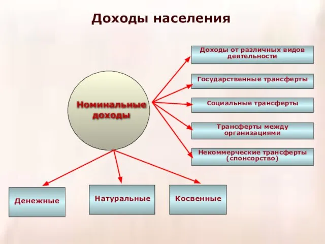 Денежные Натуральные Косвенные Доходы от различных видов деятельности Государственные трансферты Социальные