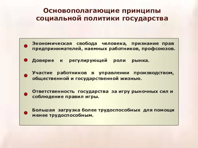 Основополагающие принципы социальной политики государства Экономическая свобода человека, признание прав предпринимателей,