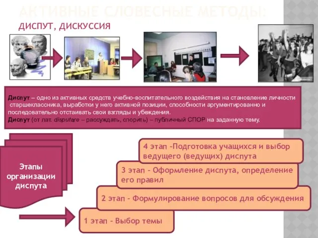 АКТИВНЫЕ СЛОВЕСНЫЕ МЕТОДЫ: ДИСПУТ, ДИСКУССИЯ Диспут – одно из активных средств