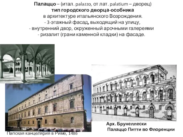 Арх. Брунеллески Палаццо Питти во Флоренции Палаццо – (итал. palazzo, от