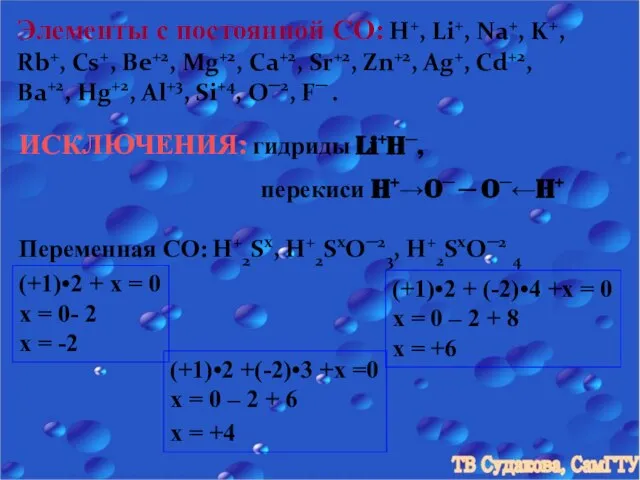 Элементы с постоянной СО: H+, Li+, Na+, K+, Rb+, Cs+, Be+2,