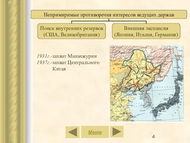 Меню 1931г.-захват Маньчжурии 1937г.-захват Центрального Китая