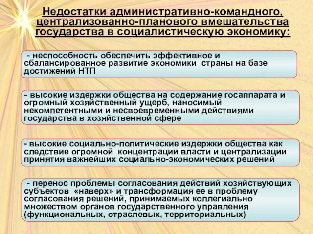 Недостатки административно-командного, централизованно-планового вмешательства государства в социалистическую экономику: Недостатки административно-командного, централизованно-планового вмешательства государства в социалистическую экономику: