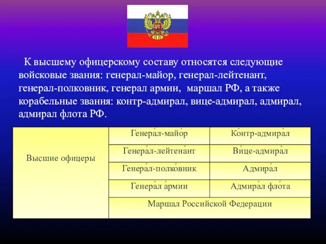 К высшему офицерскому составу относятся следующие войсковые звания: генерал-майор, генерал-лейтенант, генерал-полковник,