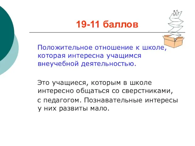 19-11 баллов Положительное отношение к школе, которая интересна учащимся внеучебной деятельностью.