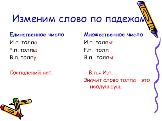 Изменим слово по падежам: Единственное число И.п. толпа Р.п. толпы В.п.