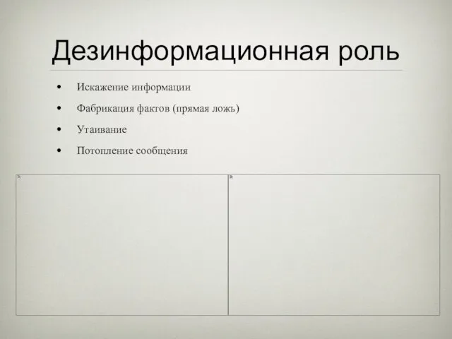 Дезинформационная роль Искажение информации Фабрикация фактов (прямая ложь) Утаивание Потопление сообщения