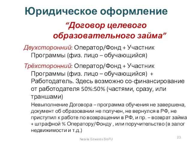 Юридическое оформление “Договор целевого образовательного займа” Двухсторонний: Оператор/Фонд + Участник Программы