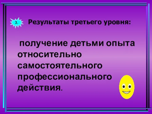 Результаты третьего уровня: получение детьми опыта относительно самостоятельного профессионального действия. 3.