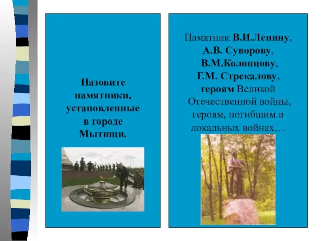 Назовите памятники, установленные в городе Мытищи. Памятник В.И.Ленину, А.В. Суворову, В.М.Колонцову,