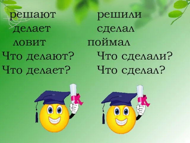 решают решили делает сделал ловит поймал Что делают? Что сделали? Что делает? Что сделал?