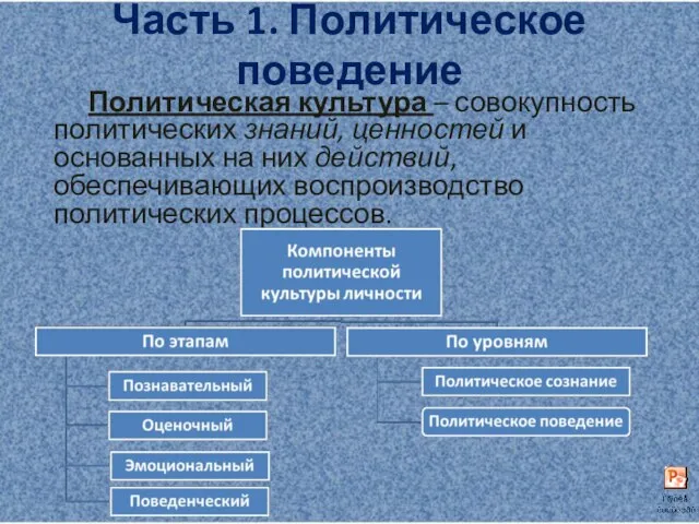 Часть 1. Политическое поведение Политическая культура – совокупность политических знаний, ценностей