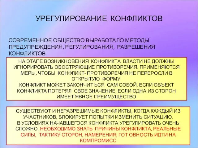 УРЕГУЛИРОВАНИЕ КОНФЛИКТОВ СОВРЕМЕННОЕ ОБЩЕСТВО ВЫРАБОТАЛО МЕТОДЫ ПРЕДУПРЕЖДЕНИЯ, РЕГУЛИРОВАНИЯ, РАЗРЕШЕНИЯ КОНФЛИКТОВ