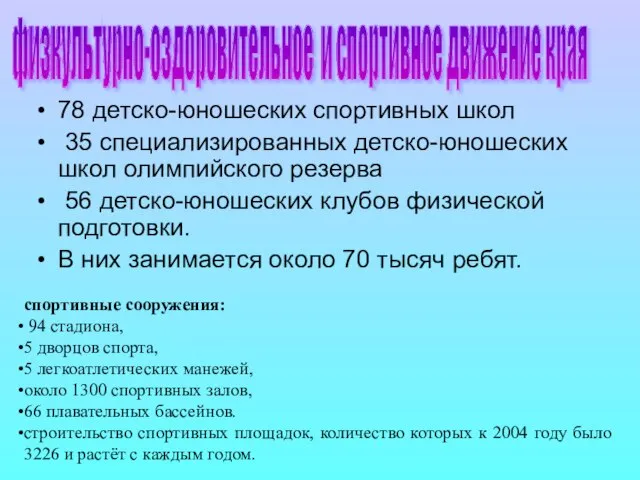 78 детско-юношеских спортивных школ 35 специализированных детско-юношеских школ олимпийского резерва 56