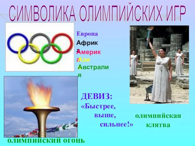 СИМВОЛИКА ОЛИМПИЙСКИХ ИГР Европа Африка Америка Азия Австралия ДЕВИЗ: «Быстрее, выше, сильнее!» олимпийский огонь олимпийская клятва