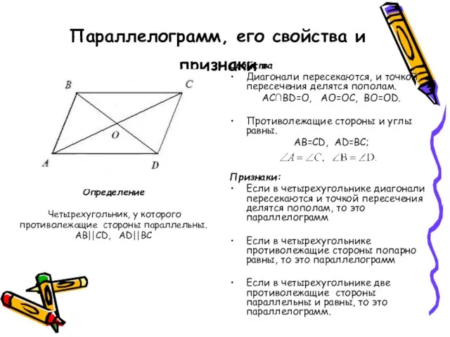 Параллелограмм, его свойства и признаки Свойства Диагонали пересекаются, и точкой пересечения