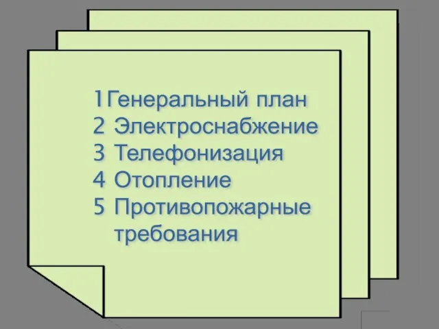 1Генеральный план 2 Электроснабжение 3 Телефонизация 4 Отопление 5 Противопожарные требования