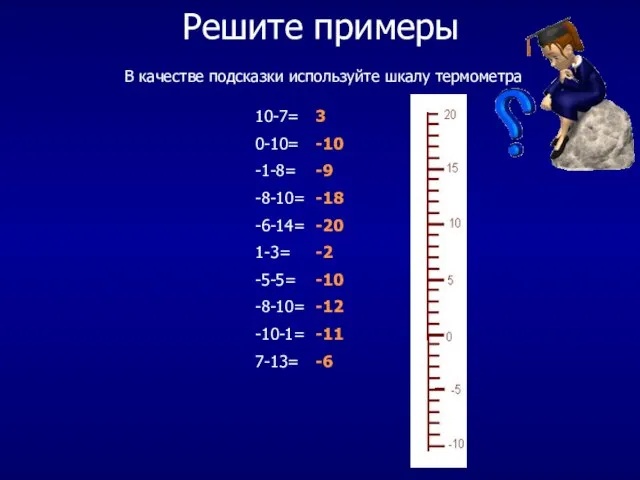 Решите примеры В качестве подсказки используйте шкалу термометра 10-7= 0-10= -1-8=