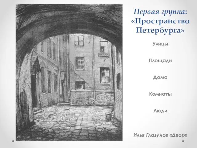 Первая группа: «Пространство Петербурга» Улицы Площади Дома Комнаты Люди. Илья Глазунов «Двор»