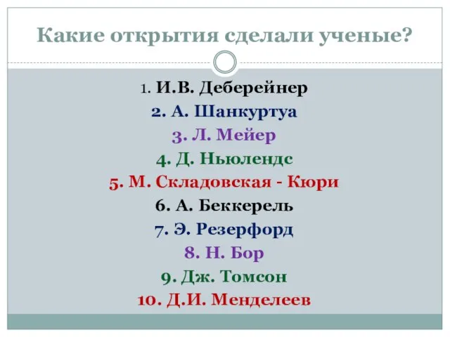 Какие открытия сделали ученые? 1. И.В. Деберейнер 2. А. Шанкуртуа 3.