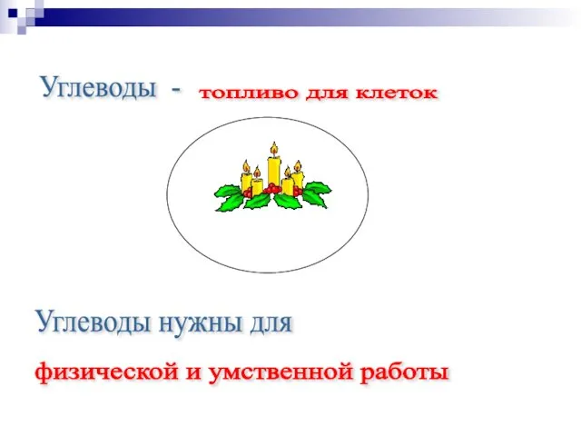 Углеводы - топливо для клеток Углеводы нужны для физической и умственной работы