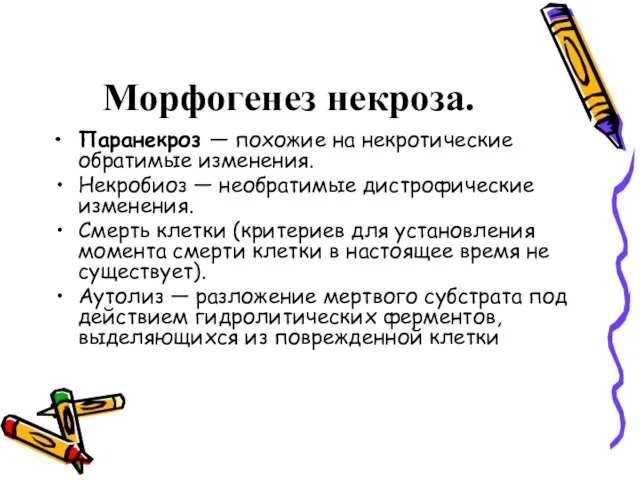 Морфогенез некроза. Паранекроз — похожие на некротические обратимые изменения. Некробиоз —