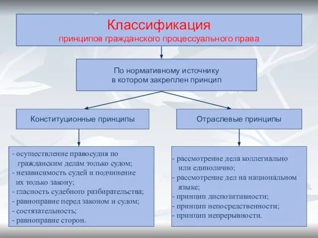 Классификация принципов гражданского процессуального права По нормативному источнику в котором закреплен