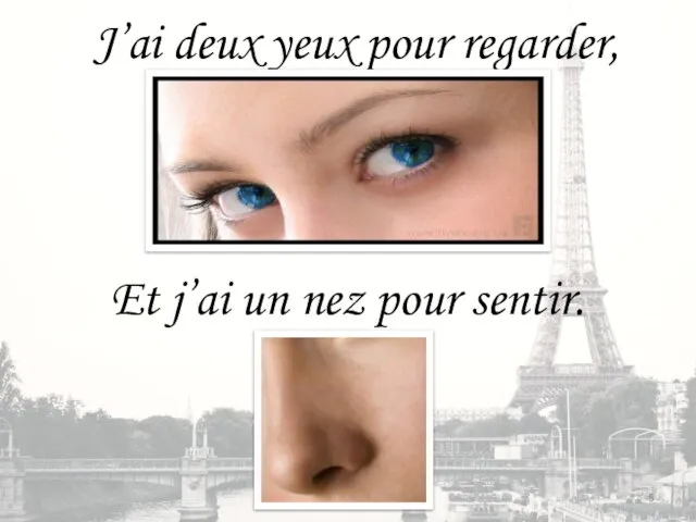 J’ai deux yeux pour regarder, Et j’ai un nez pour sentir.