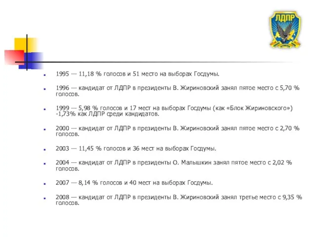 1995 — 11,18 % голосов и 51 место на выборах Госдумы.
