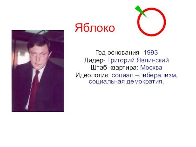 Яблоко Год основания- 1993 Лидер- Григорий Явлинский Штаб-квартира: Москва Идеология: социал –либерализм, социальная демократия.