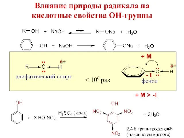 Влияние природы радикала на кислотные свойства ОН-группы фенол алифатический спирт +