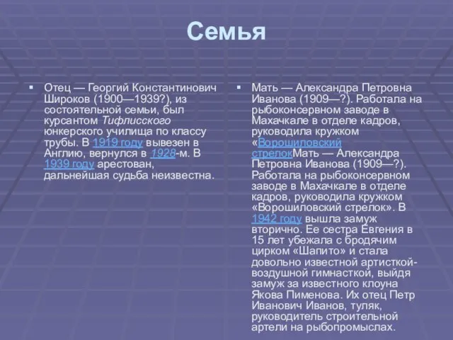 Семья Отец — Георгий Константинович Широков (1900—1939?), из состоятельной семьи, был