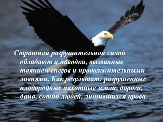 Страшной разрушительной силой обладают и паводки, вызванные таянием снегов и продолжительными