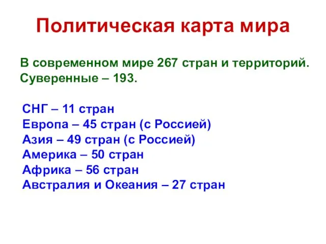 Политическая карта мира В современном мире 267 стран и территорий. Суверенные