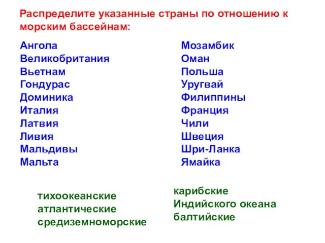 Распределите указанные страны по отношению к морским бассейнам: Ангола Великобритания Вьетнам