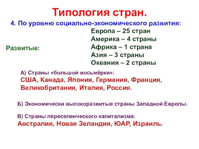 Типология стран. 4. По уровню социально-экономического развития: Развитые: А) Страны «большой