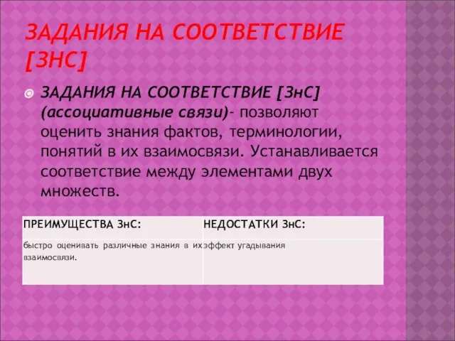 ЗАДАНИЯ НА СООТВЕТСТВИЕ [ЗНС] ЗАДАНИЯ НА СООТВЕТСТВИЕ [ЗнС] (ассоциативные связи)- позволяют