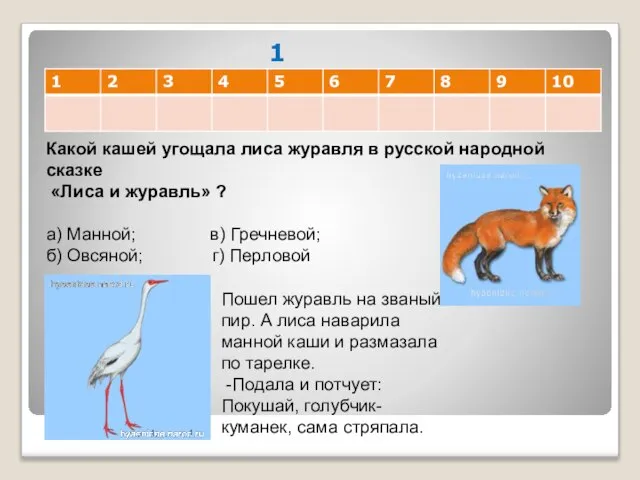 1 Какой кашей угощала лиса журавля в русской народной сказке «Лиса