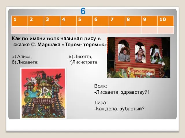 6 Как по имени волк называл лису в сказке С. Маршака