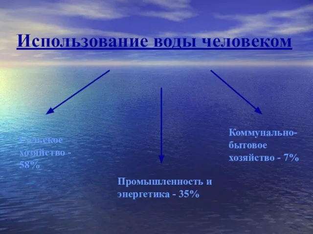 Использование воды человеком Сельское хозяйство - 58% Промышленность и энергетика - 35% Коммунально-бытовое хозяйство - 7%