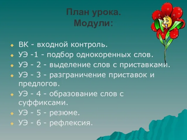 План урока. Модули: ВК - входной контроль. УЭ -1 - подбор