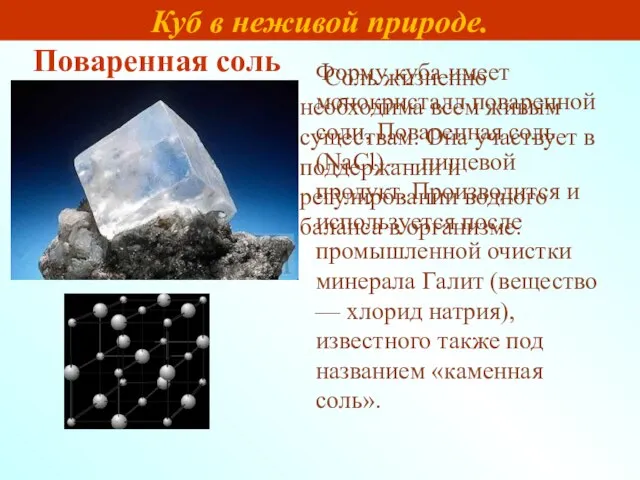 Форму куба имеет монокристалл поваренной соли, Поваренная соль (NaCl) — пищевой